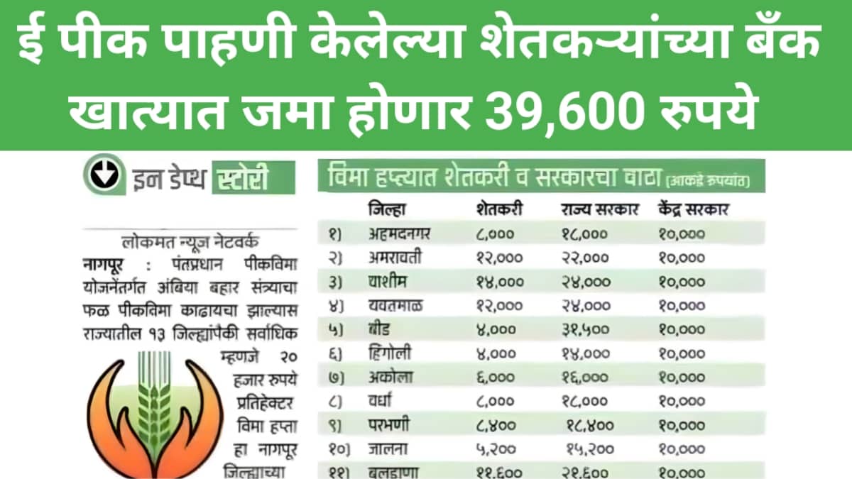 ई पीक पाहणी केलेल्या शेतकऱ्यांच्या बँक खात्यात जमा होणार 39600 रुपये E-Peek Pahani 